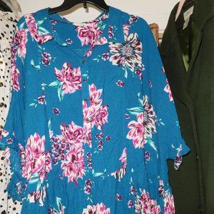 3X 26W 24W TERRA & SKY GREEN PINK FLORAL PRINT DOLMAN SLEEVE BLOUSE